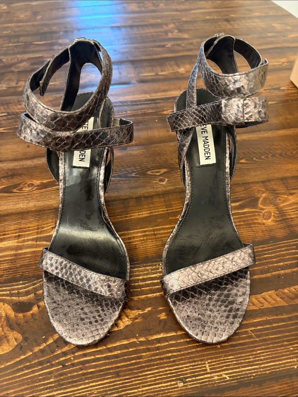 Steve Madden Snake-Texture Ankle-Strap Heels in Gray